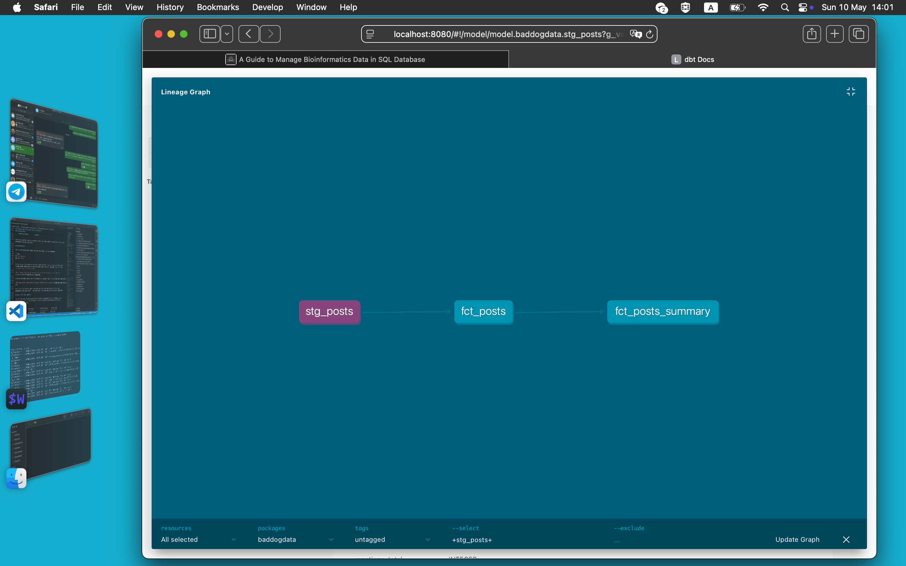 dbt lineage graph showing raw_posts flowing through stg_posts into fct_posts and fct_posts_summary