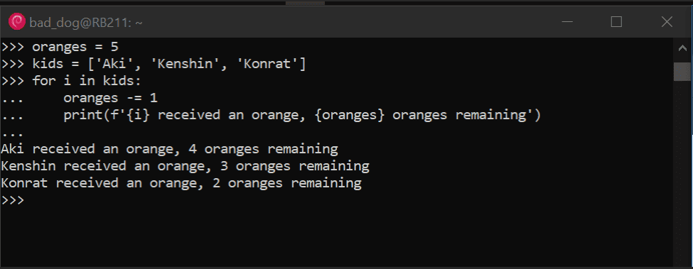 Terminal displays Python Shell for loop result