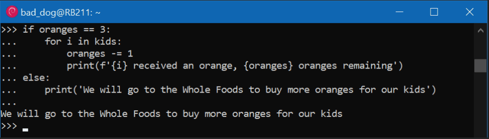 Terminal displays Python Shell If Else statement result 